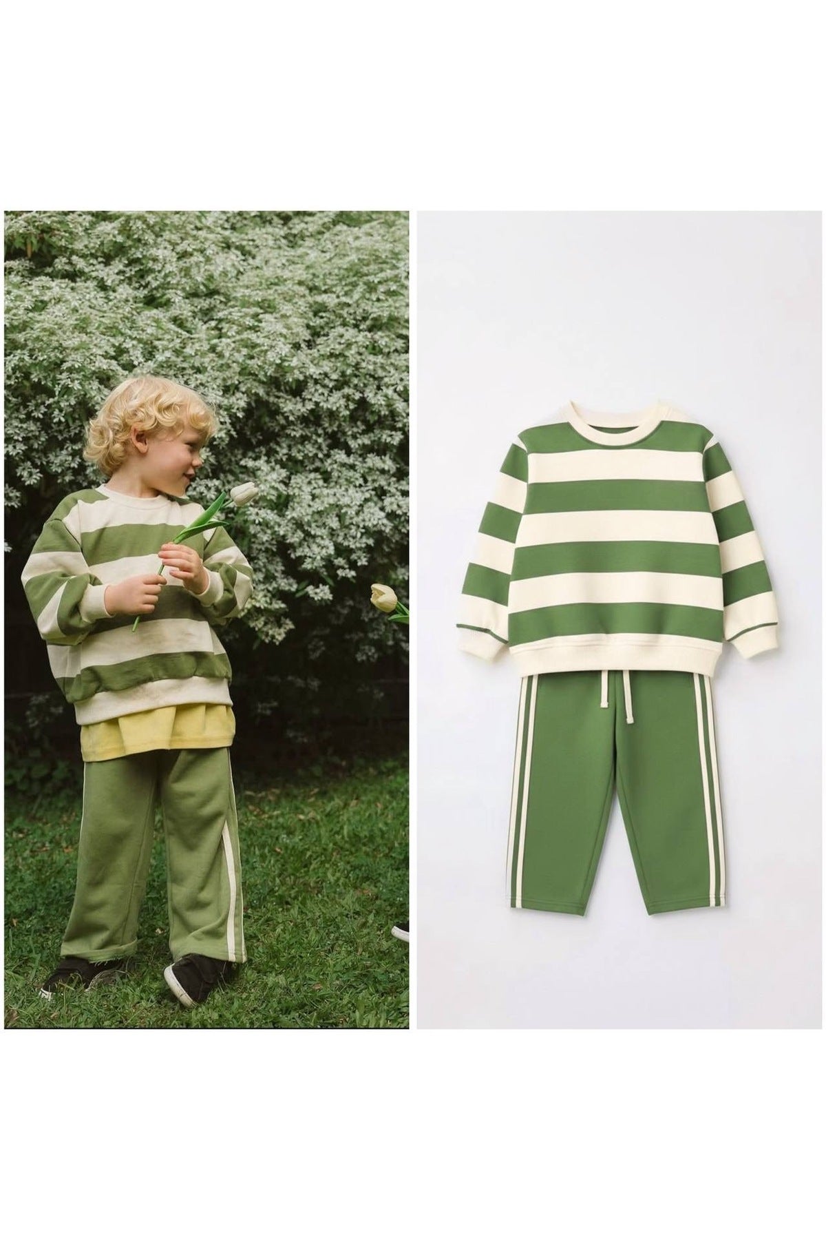 Unisex çocuklar için çizgili bisiklet yaka sweatshirt ve eşofman takımı-yeşil-şardonsuz - Limonlu Pamuk