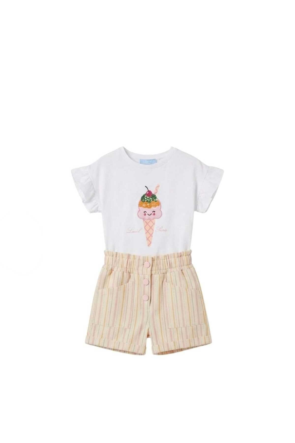 Kız çocuklar için dondurma baskılı t-shirt ve dokuma şortlu takım - Limonlu Pamuk