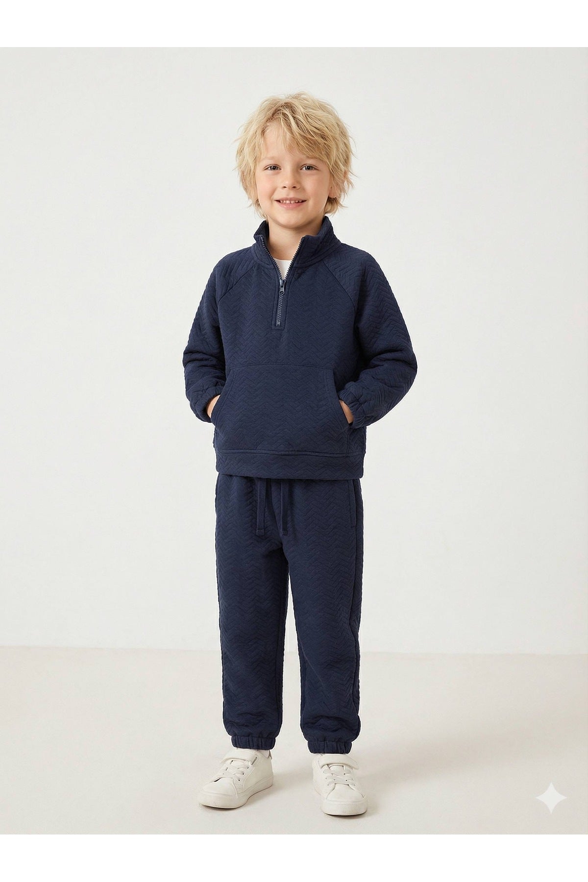 Unisex çocuklar için kapitone dik yaka fermuar detaylı sweatshirt ve jogger pantolon takım - Limonlu Pamuk
