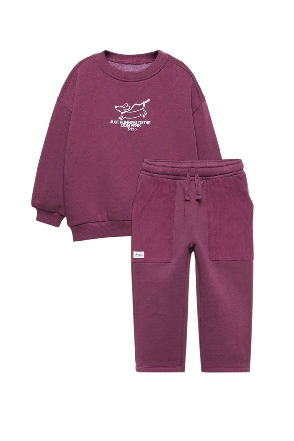 Unisex çocuklar için bordo renkli bisiklet yaka sweatshirt ve kadife cep detaylı pantolon - Limonlu Pamuk