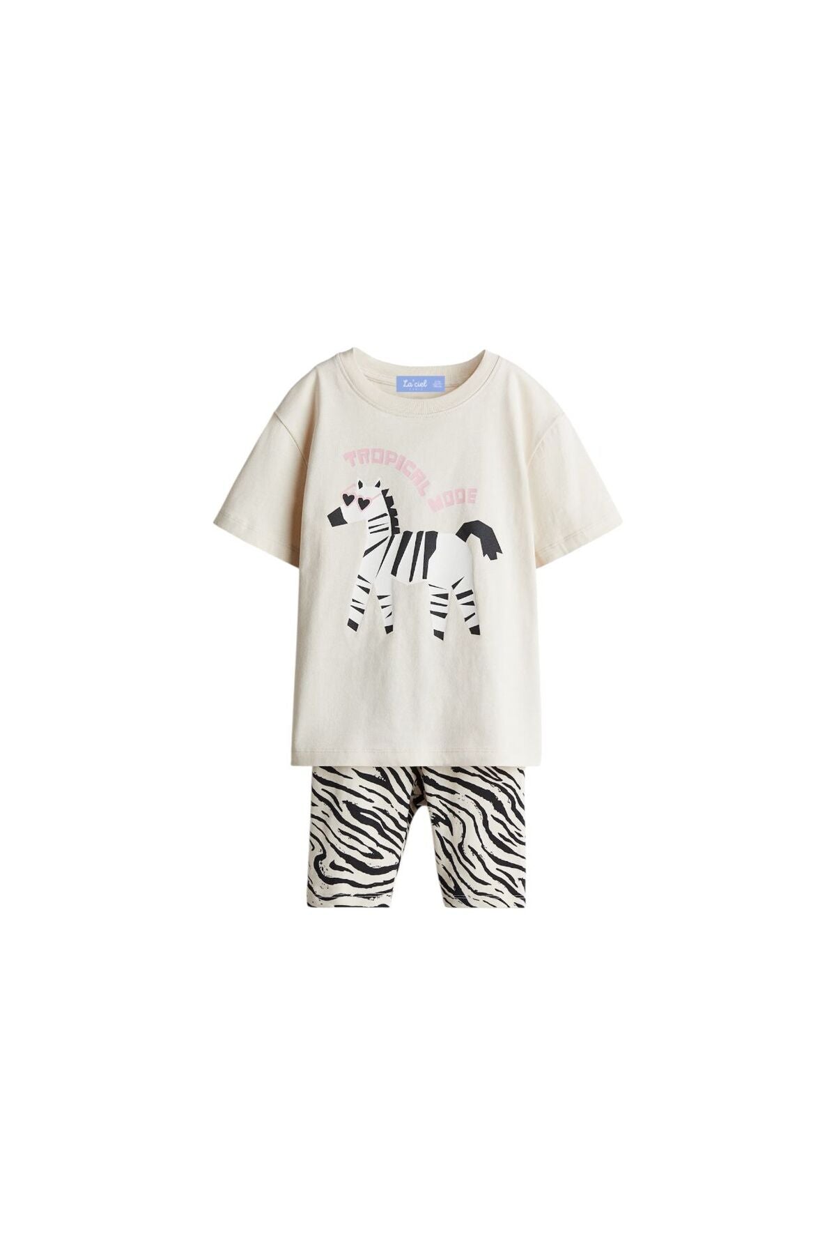 Kız çocuklar için bisiklet yaka zebra baskılı t-shirt ve desenli tayt takım - Limonlu Pamuk