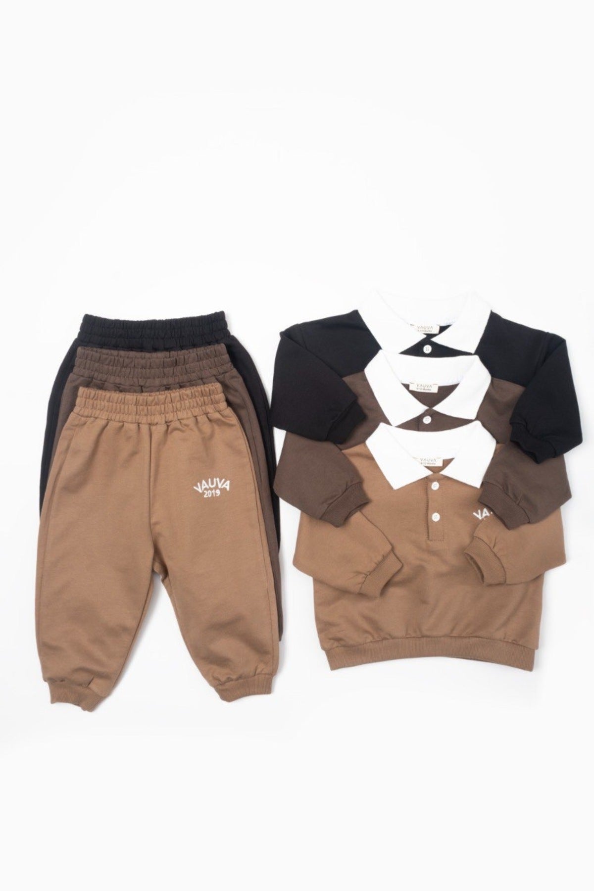 Unisex çocuklar için polo yaka kahverengi sweatshirt ve jogger pantolon - Limonlu Pamuk