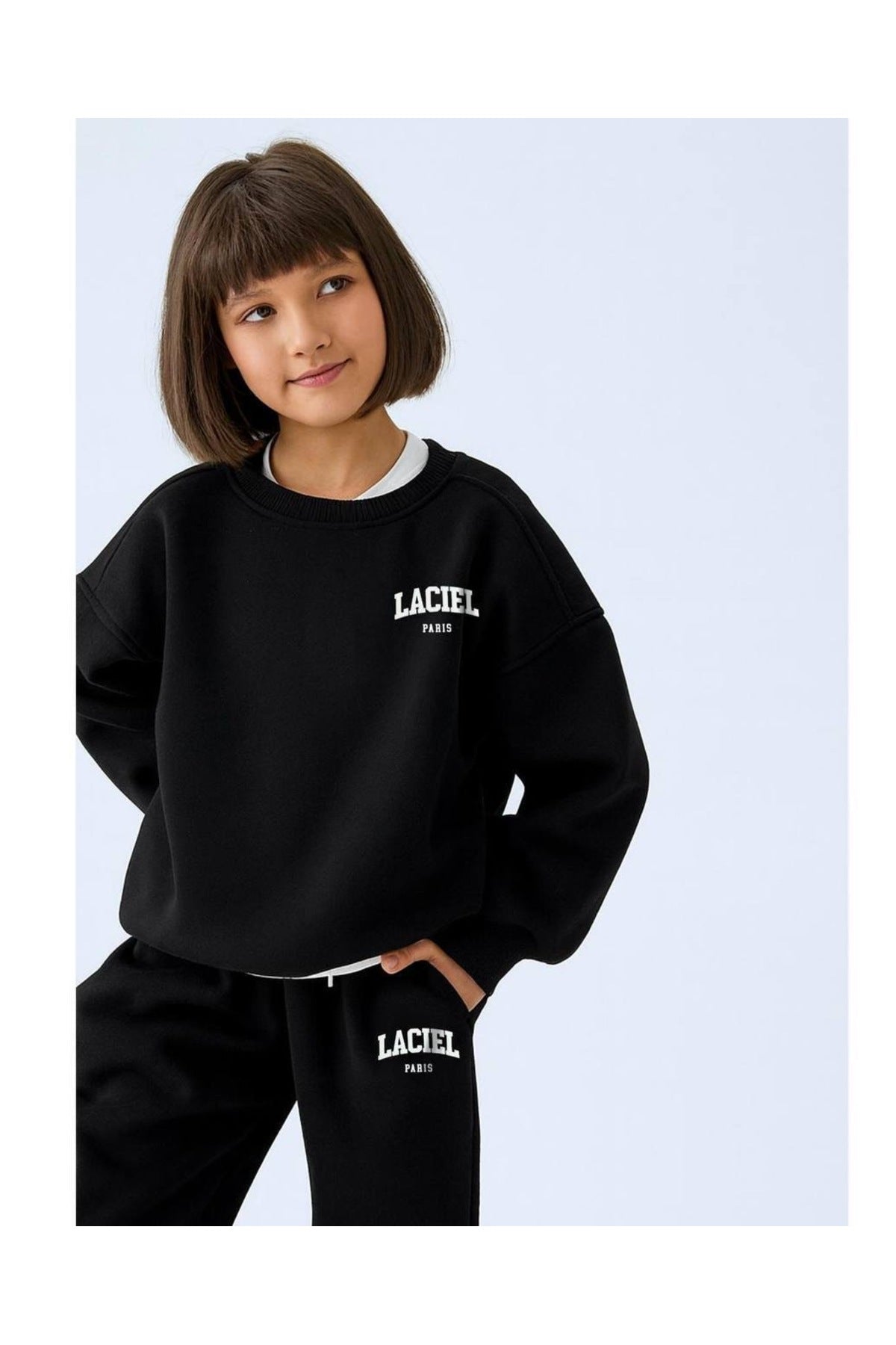 Unisex çocuklar için sloganlı bisiklet yaka siyah sweatshirt ve jogger pantolon takım - Limonlu Pamuk