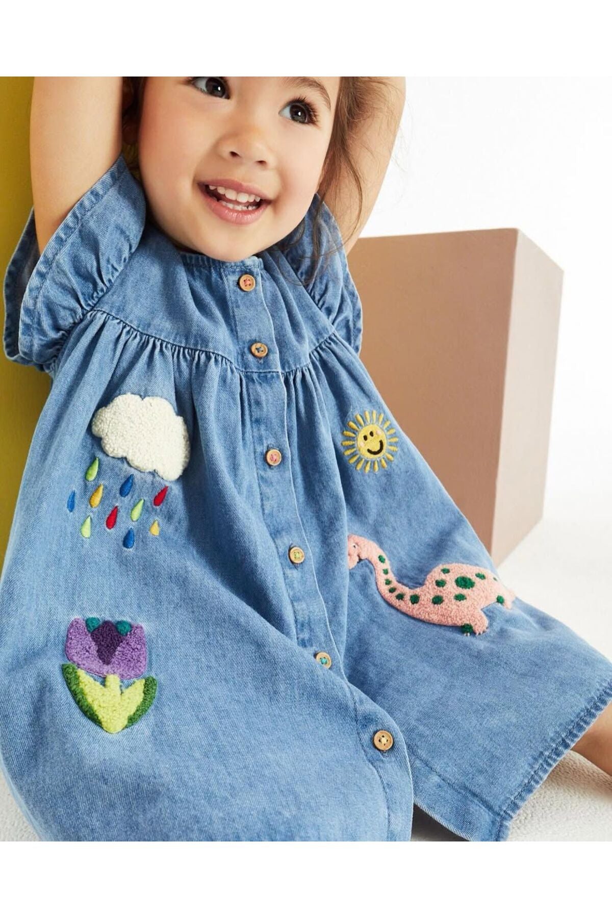 Kız çocuklar için baskılı denim elbise - Limonlu Pamuk