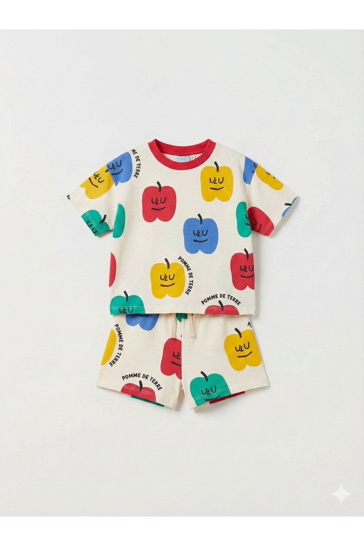 Unisex çocuklar için bisiklet yaka baskılı t-shirt ve şort takım - Limonlu Pamuk