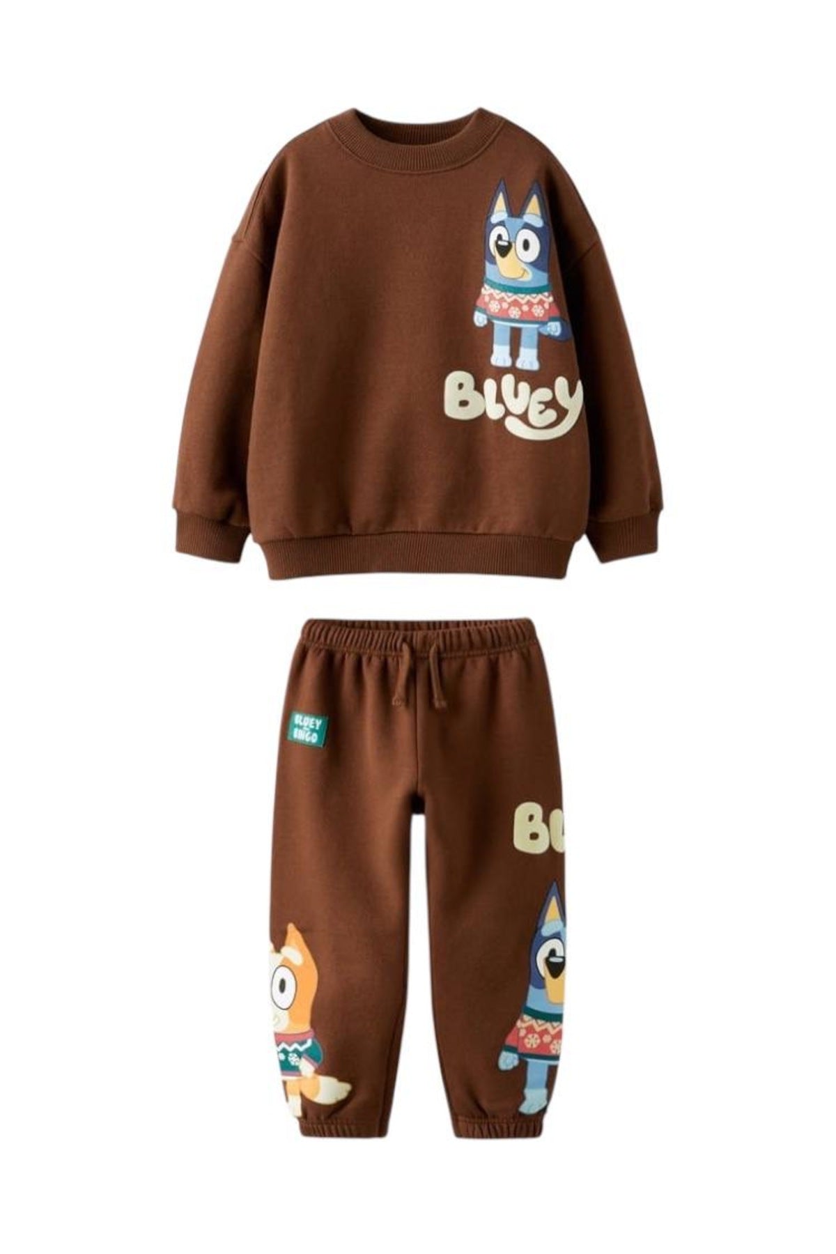 Unisex çocuklar için kahverengi bluey desenli şardonlu bisiklet yaka sweatshirt ve jogger pantolon - Limonlu Pamuk