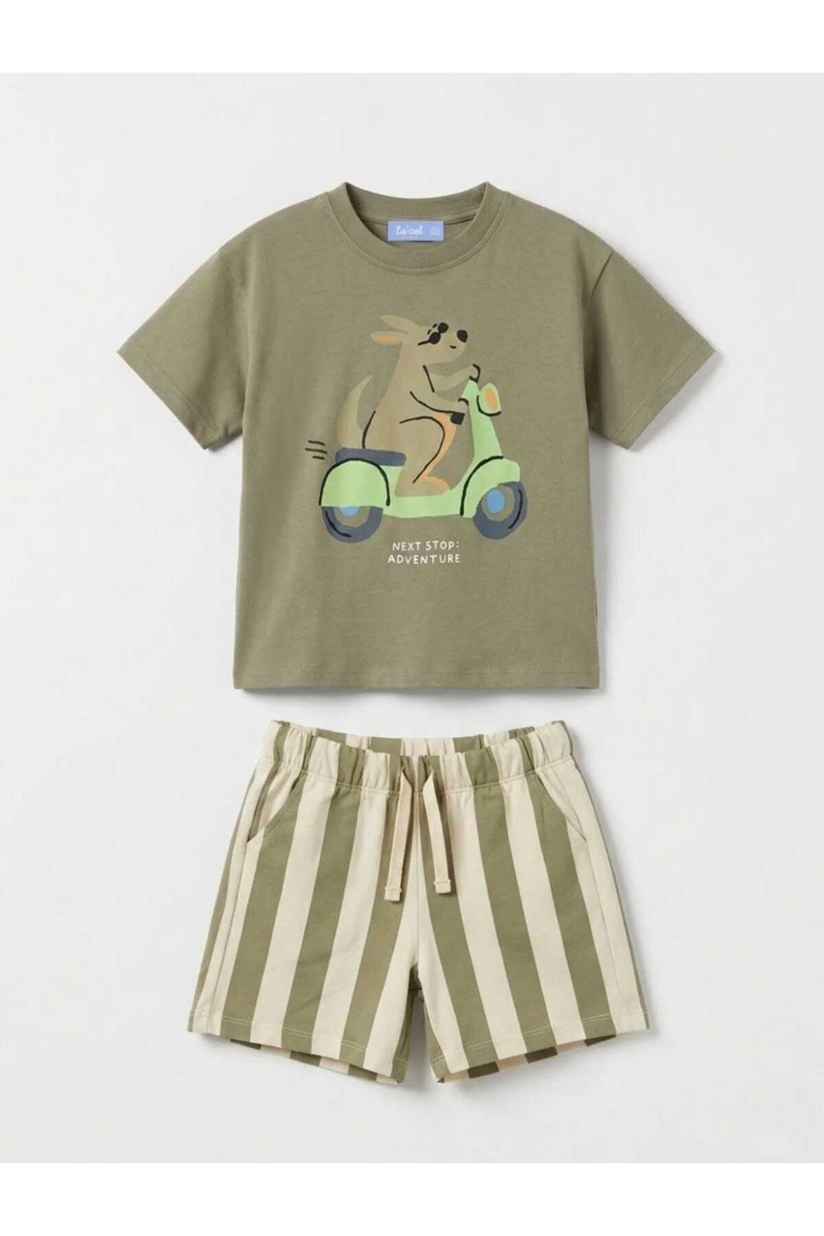 Erkek çocuklar için bisiklet yaka kanguru baskılı t-shirt ve çizgili şort takım - Limonlu Pamuk