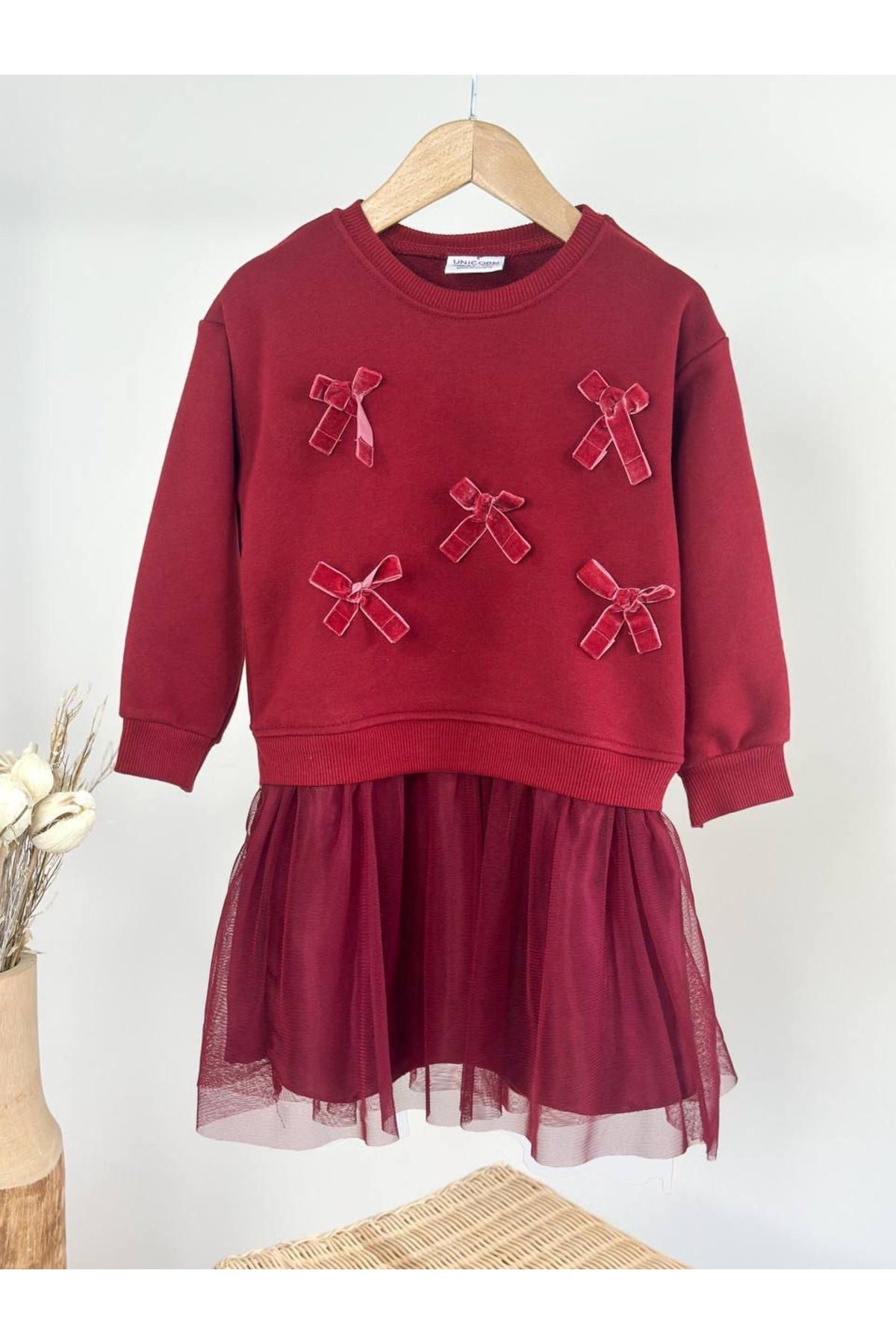 Unisex çocuklar için bordo kadife kurdeleli sweatshirt elbise- tek parça - Limonlu Pamuk