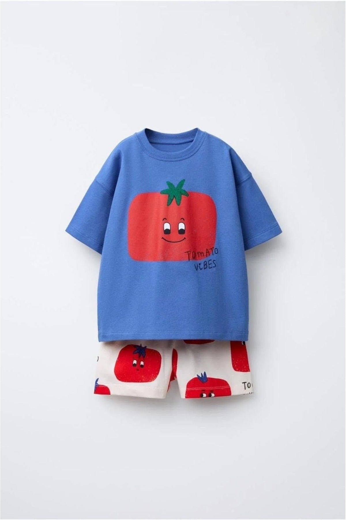 Unisex çocuklar için bisiklet yaka domates baskılı t-shirt ve şort takım - Limonlu Pamuk