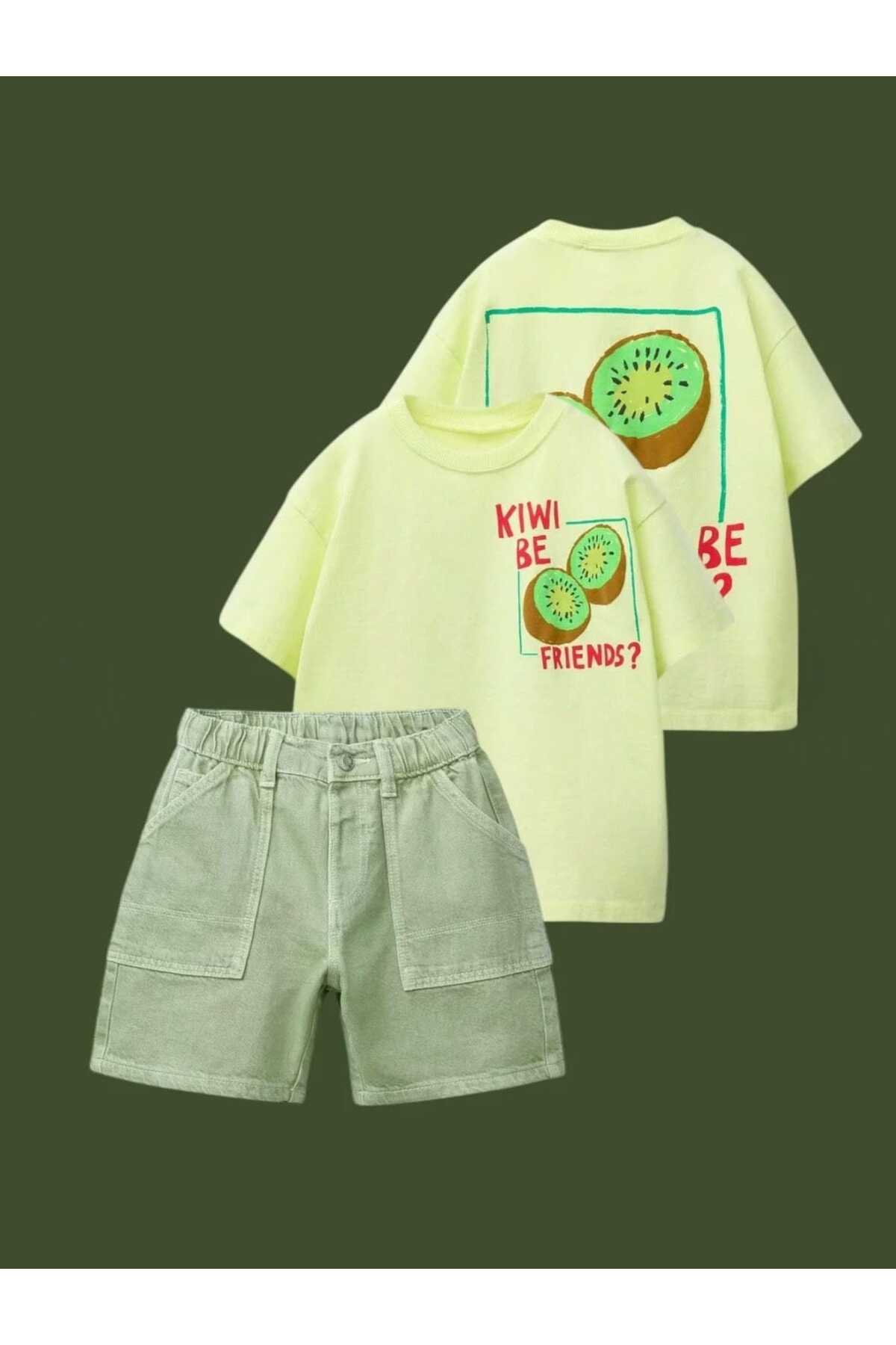 Erkek çocuklar için baskılı bisiklet yaka t-shirt ve yeşil şort takım - Limonlu Pamuk