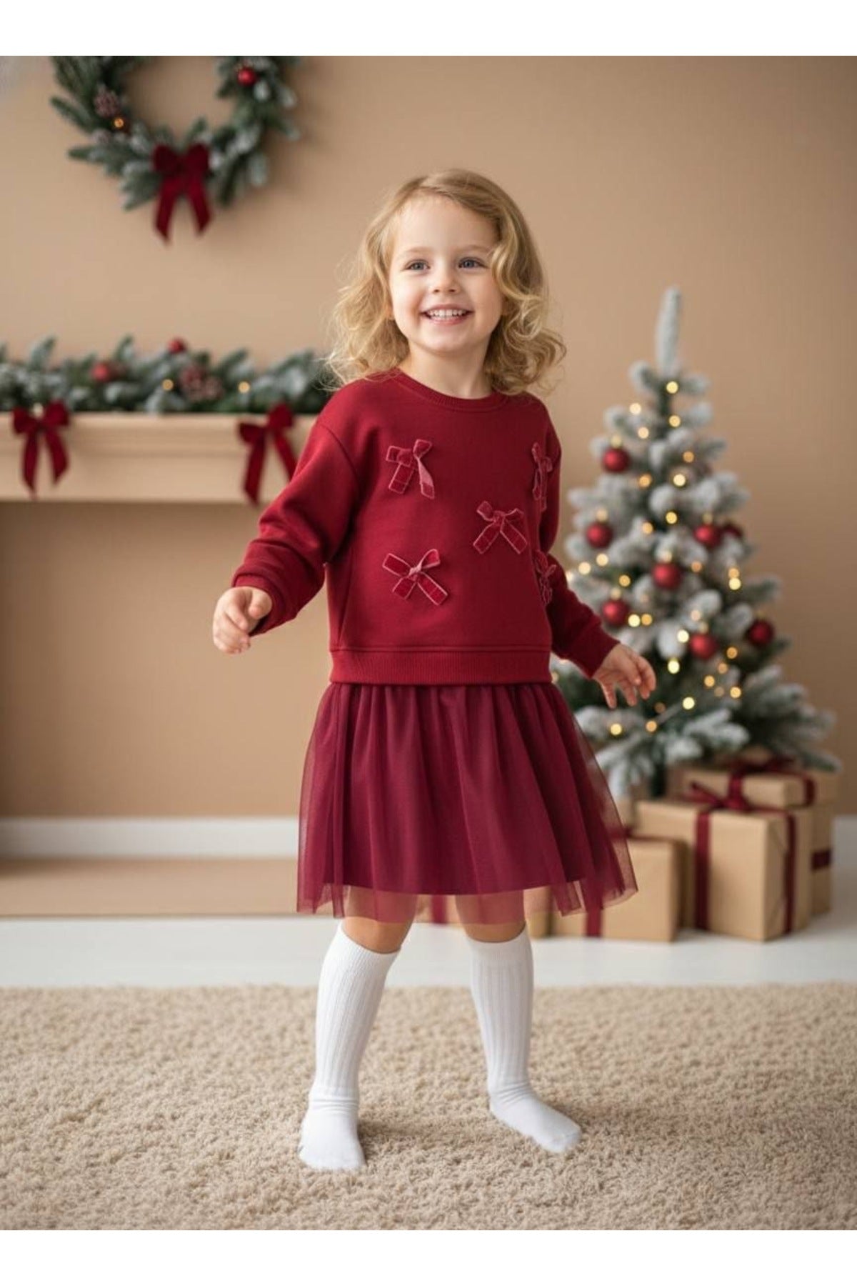 Unisex çocuklar için bordo kadife kurdeleli sweatshirt elbise- tek parça - Limonlu Pamuk
