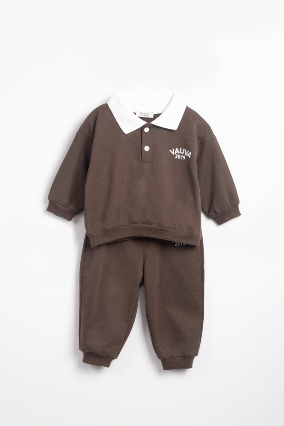 Unisex çocuklar için polo yaka kahverengi sweatshirt ve jogger pantolon - Limonlu Pamuk