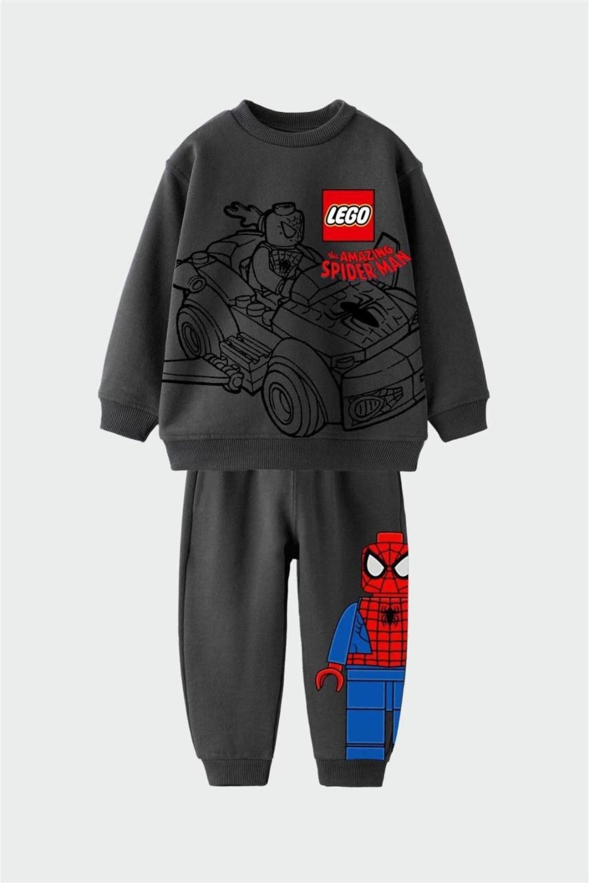 Erkek çocuklar için siyah baskılı bisiklet yaka sweatshirt ve jogger pantolon - Limonlu Pamuk