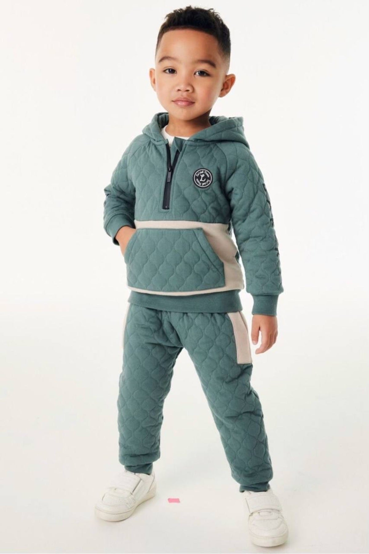 Unisex çocuklar için rüzgar geçirmez kapitone kapüşonlu sweatshirt ve jogger pantolon- turkuaz ve krem rengi - Limonlu Pamuk