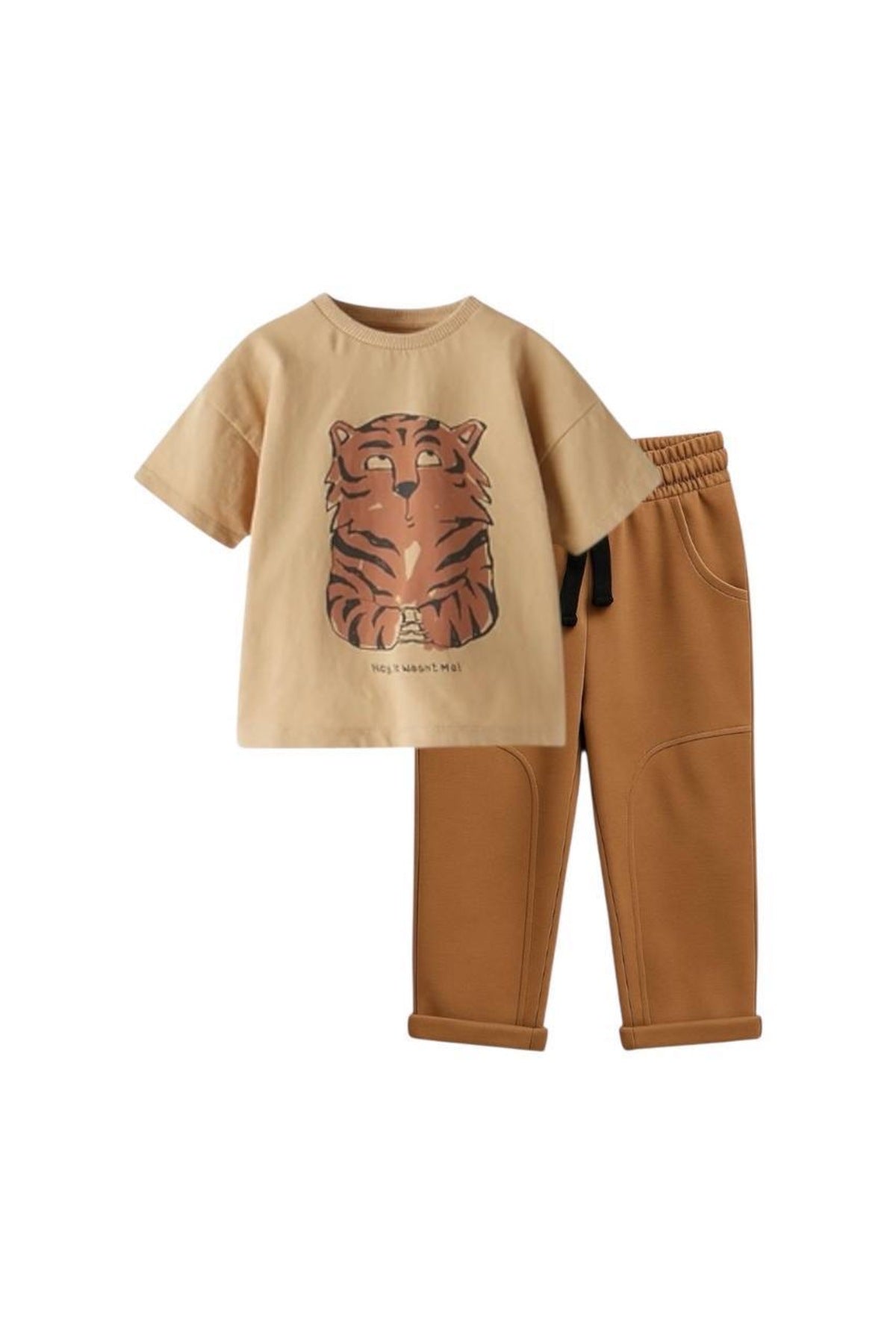 Erkek çocuklar için kaplan desenli bisiklet yaka t-shirt ve çizgili şort takım - Limonlu Pamuk