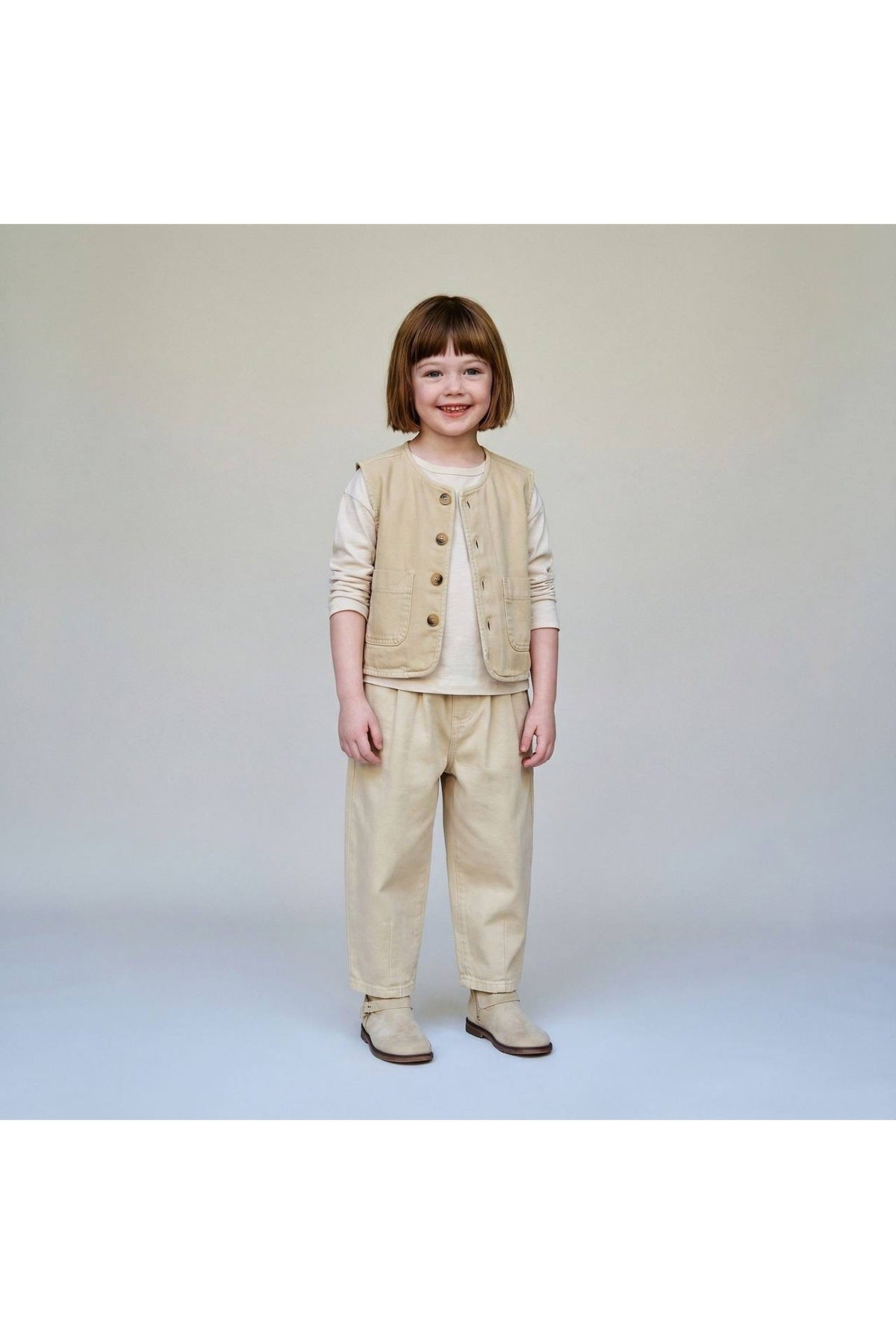 Unisex çocuklar için bej düğmeli yelek ve pantolon takım - Limonlu Pamuk