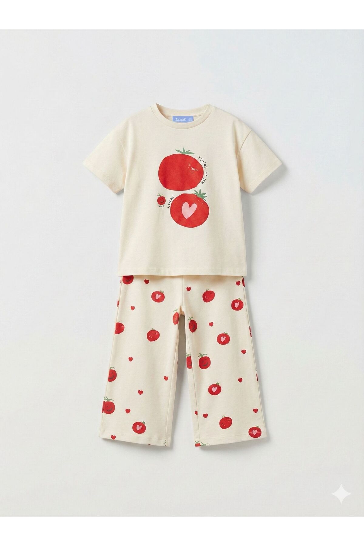 Unisex çocuklar için bisiklet yaka pamuklu domates baskılı t-shirt ve pantolon-krem rengi - Limonlu Pamuk