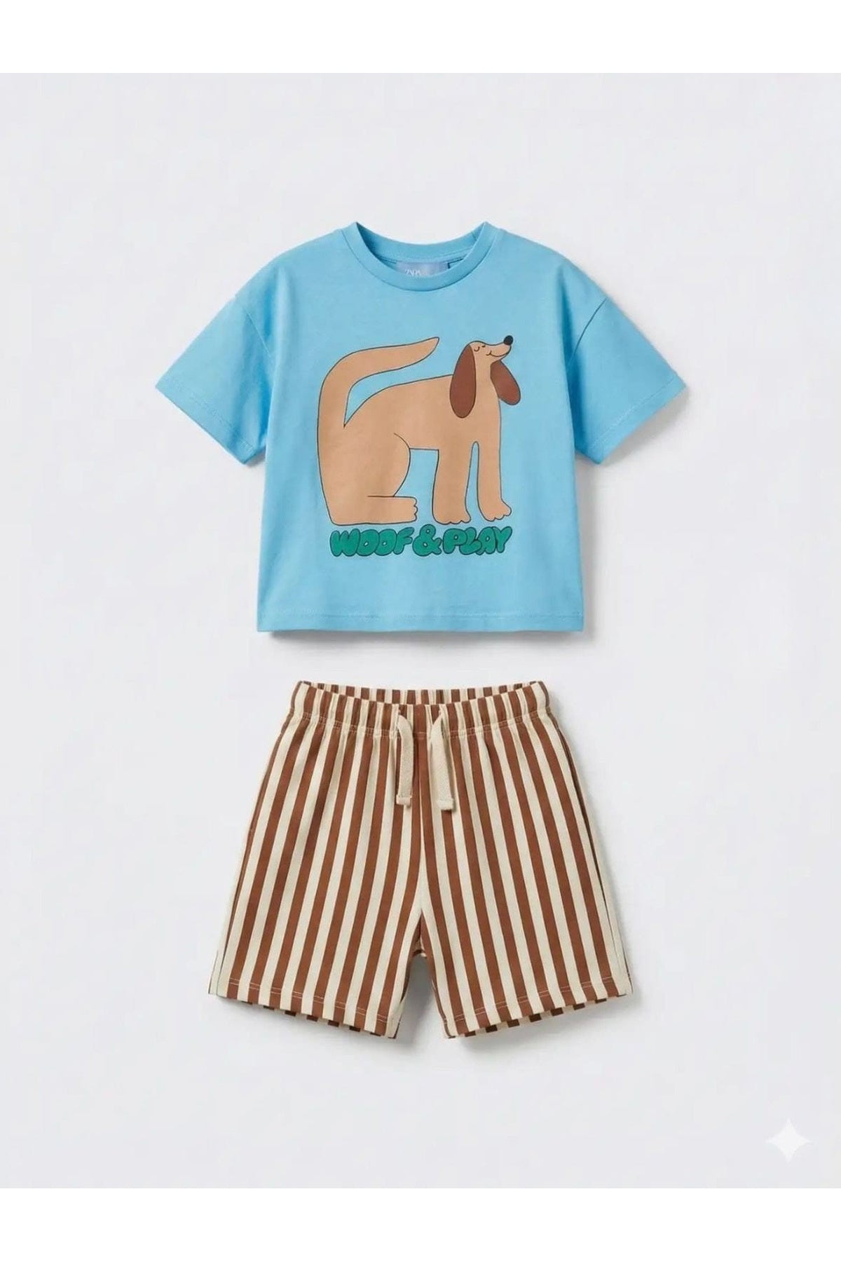 Unisex çocuklar için bisiklet yaka mavi köpek baskılı t-shirt ve çizgili şort - Limonlu Pamuk
