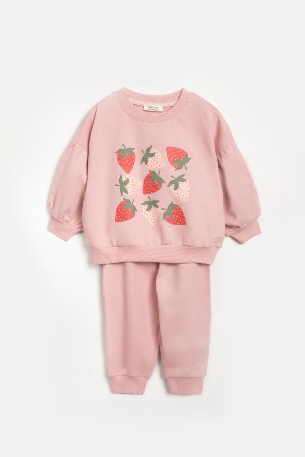 Kız bebekler için ve çocuk pembe çilek desenli bisiklet yaka sweatshirt ve jogger pantolon - Limonlu Pamuk
