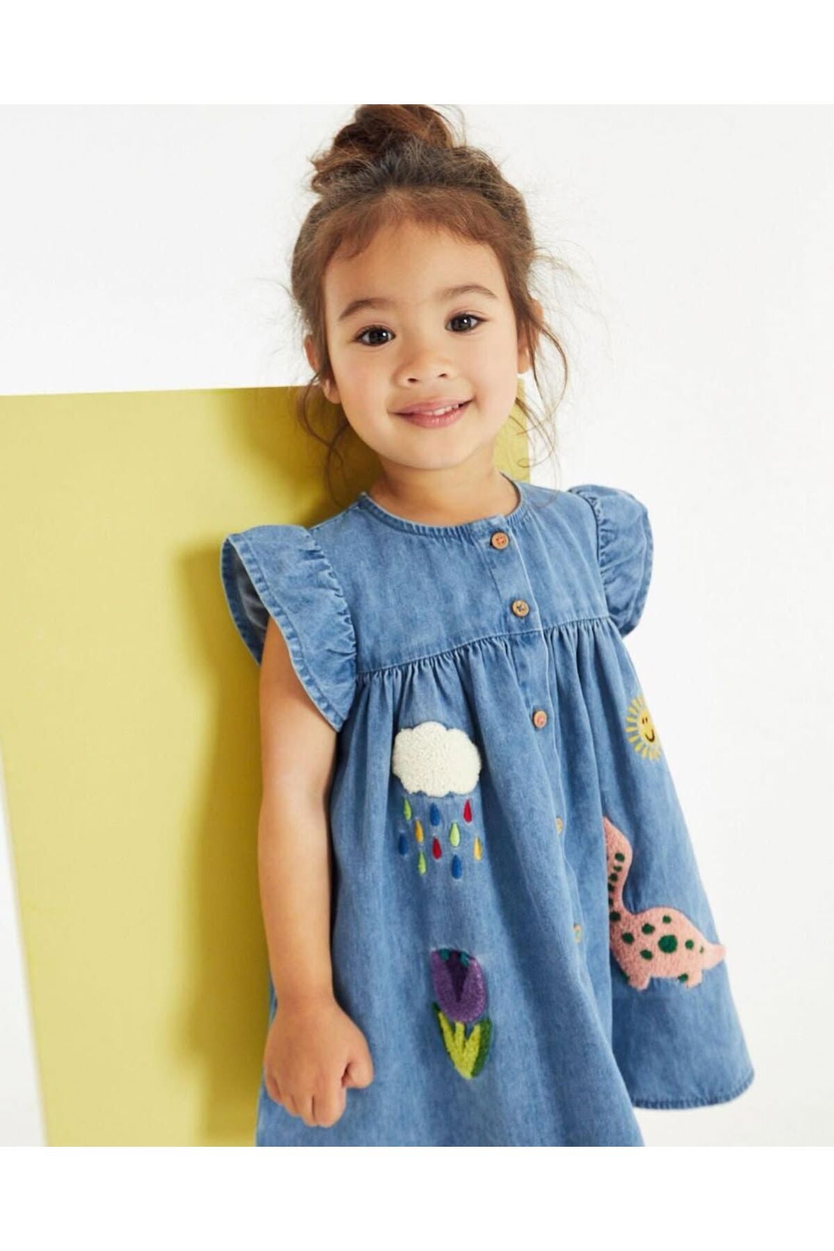 Kız çocuklar için baskılı denim elbise - Limonlu Pamuk