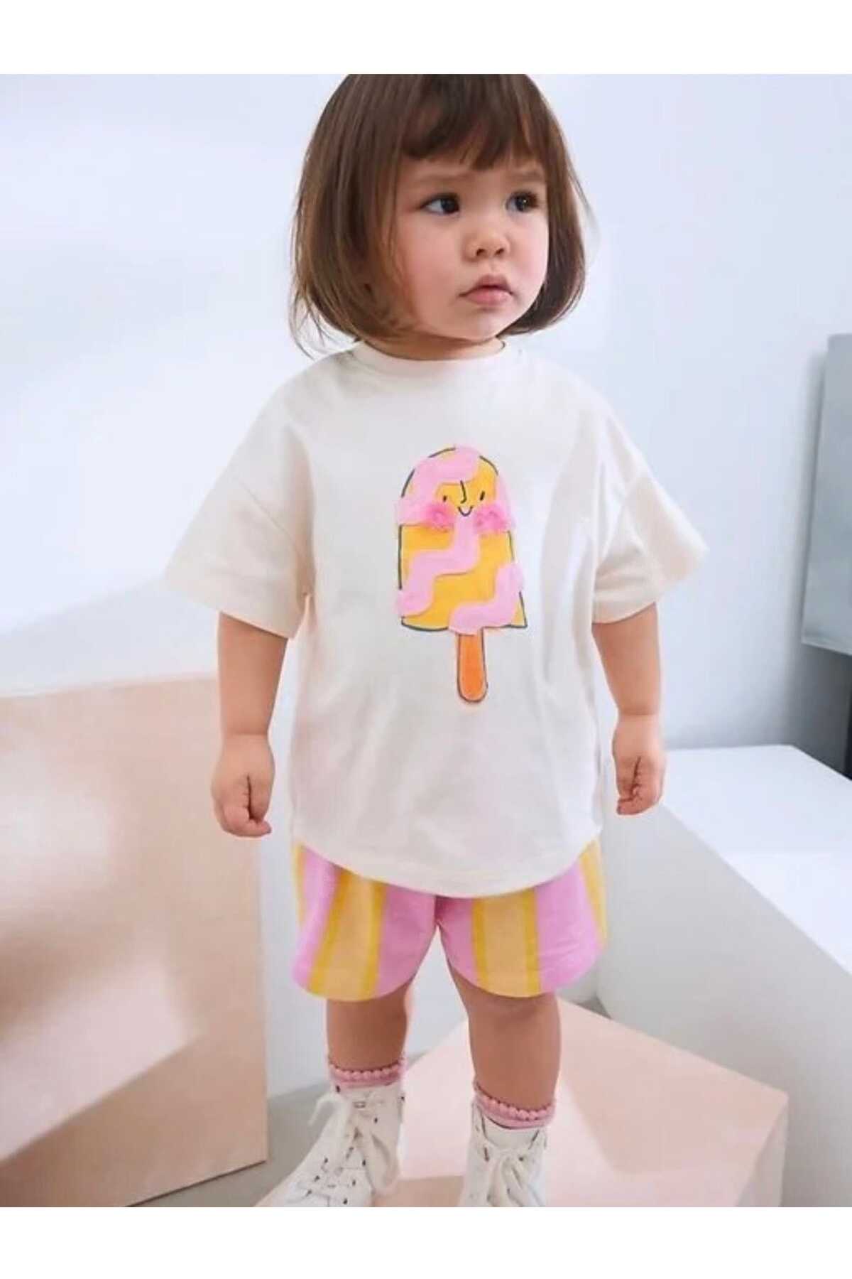 Kız çocuklar için dondurma baskılı bisiklet yaka t-shirt ve şort takım - Limonlu Pamuk