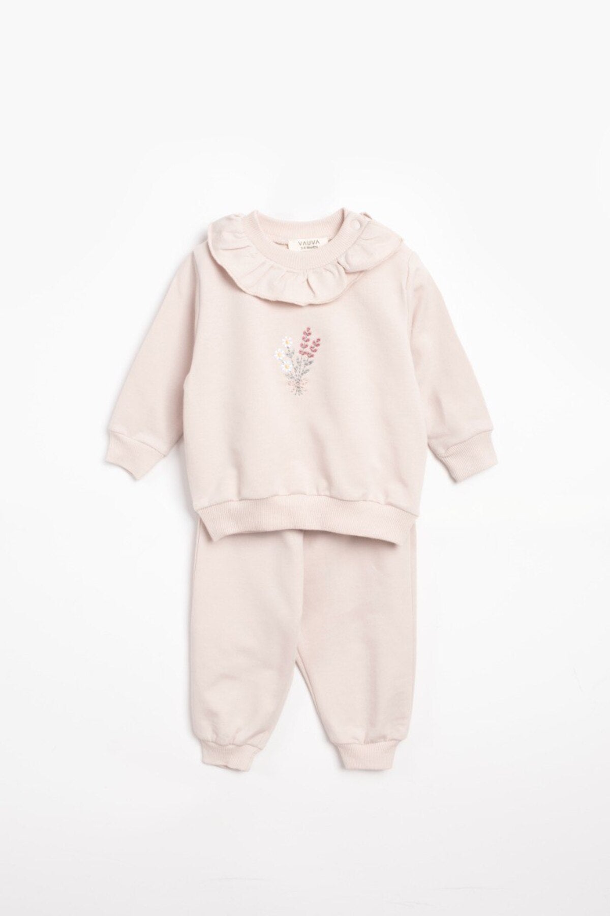 Kız bebekler için ve çocuk çiçek desenli yaka detaylı bisiklet yaka sweatshirt ve joggger pantolon - Limonlu Pamuk