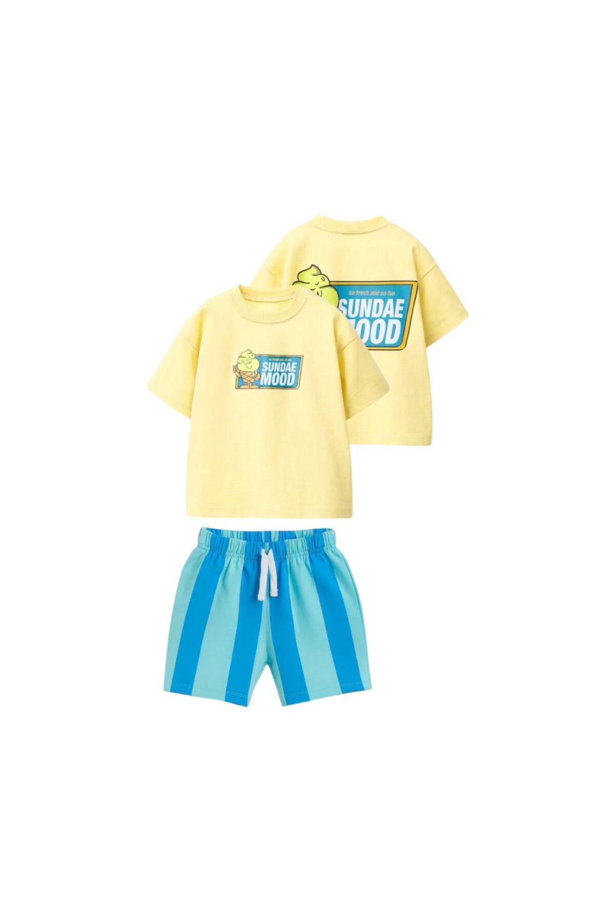 Erkek çocuklar için bisiklet yaka baskılı t-shirt ve çizgili şort takım - Limonlu Pamuk