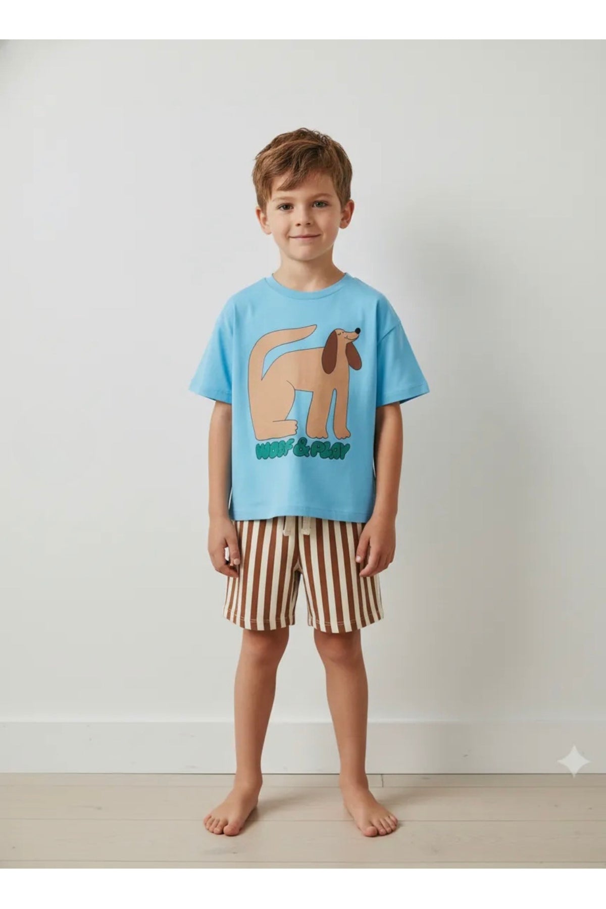 Unisex çocuklar için bisiklet yaka mavi köpek baskılı t-shirt ve çizgili şort - Limonlu Pamuk