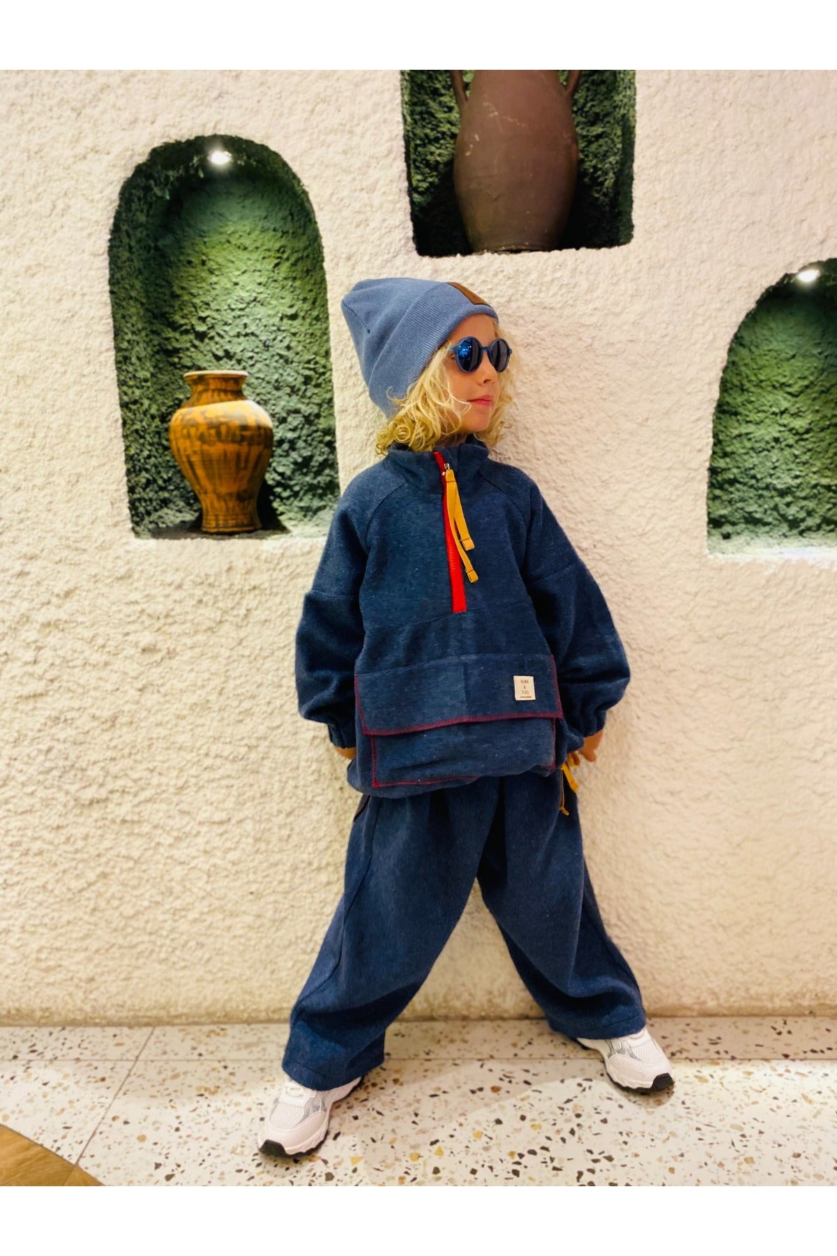 Unisex çocuklar için fermuar ve cep detaylı %100 pamuk sweatshirt ve pantolon takım - Limonlu Pamuk