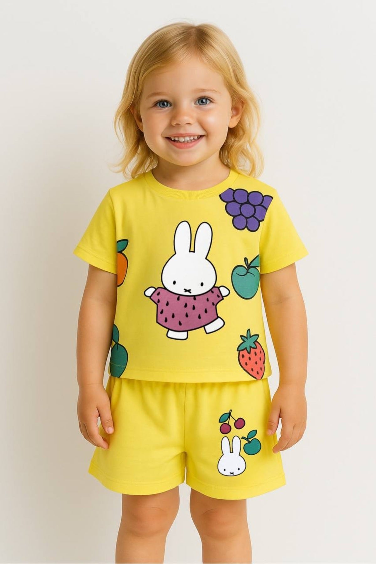 Kız çocuklar için bisiklet yaka sarı baskılı t-shirt ve şort takım - Limonlu Pamuk