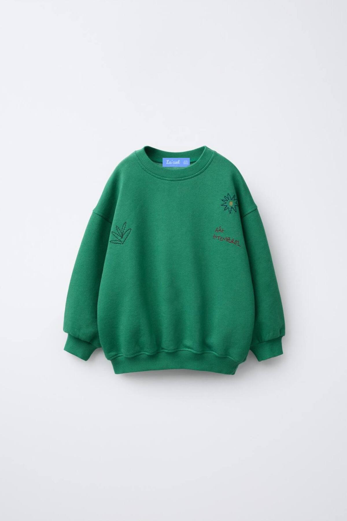 Unisex çocuklar için nakış işlemeli yeşil sweatshirt - Limonlu Pamuk