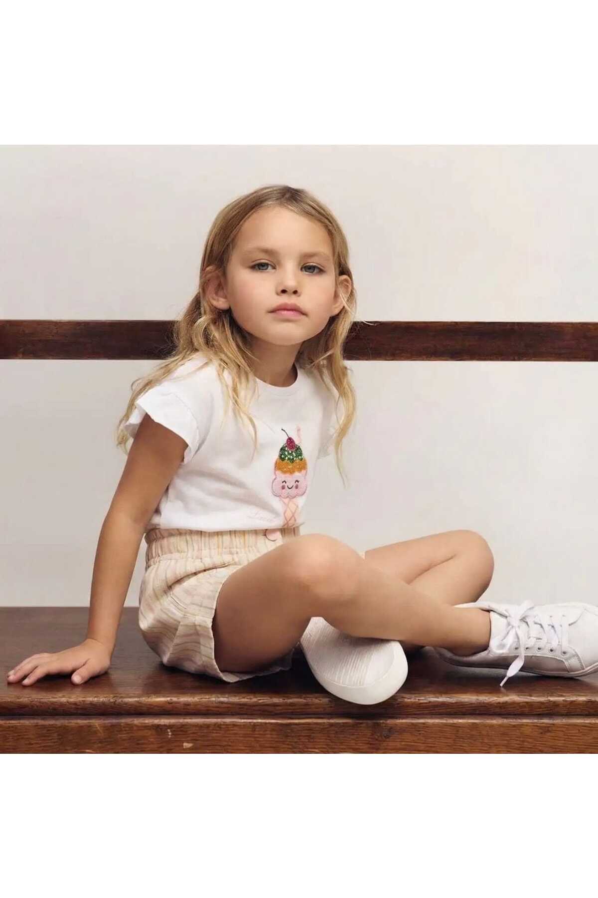 Kız çocuklar için dondurma baskılı t-shirt ve dokuma şortlu takım - Limonlu Pamuk