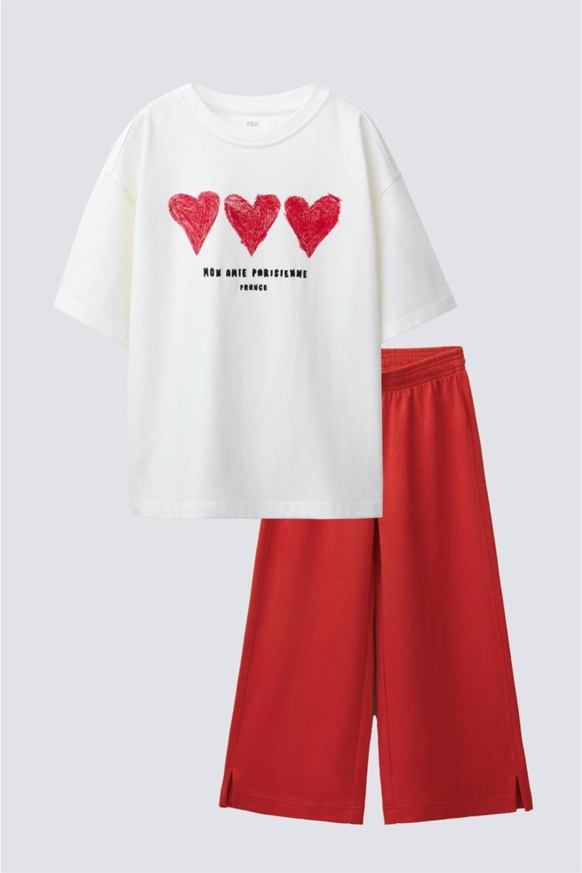 Kız çocuklar için bisiklet yaka t-shirt ve kırmızı pantolon %100 pamuk - Limonlu Pamuk