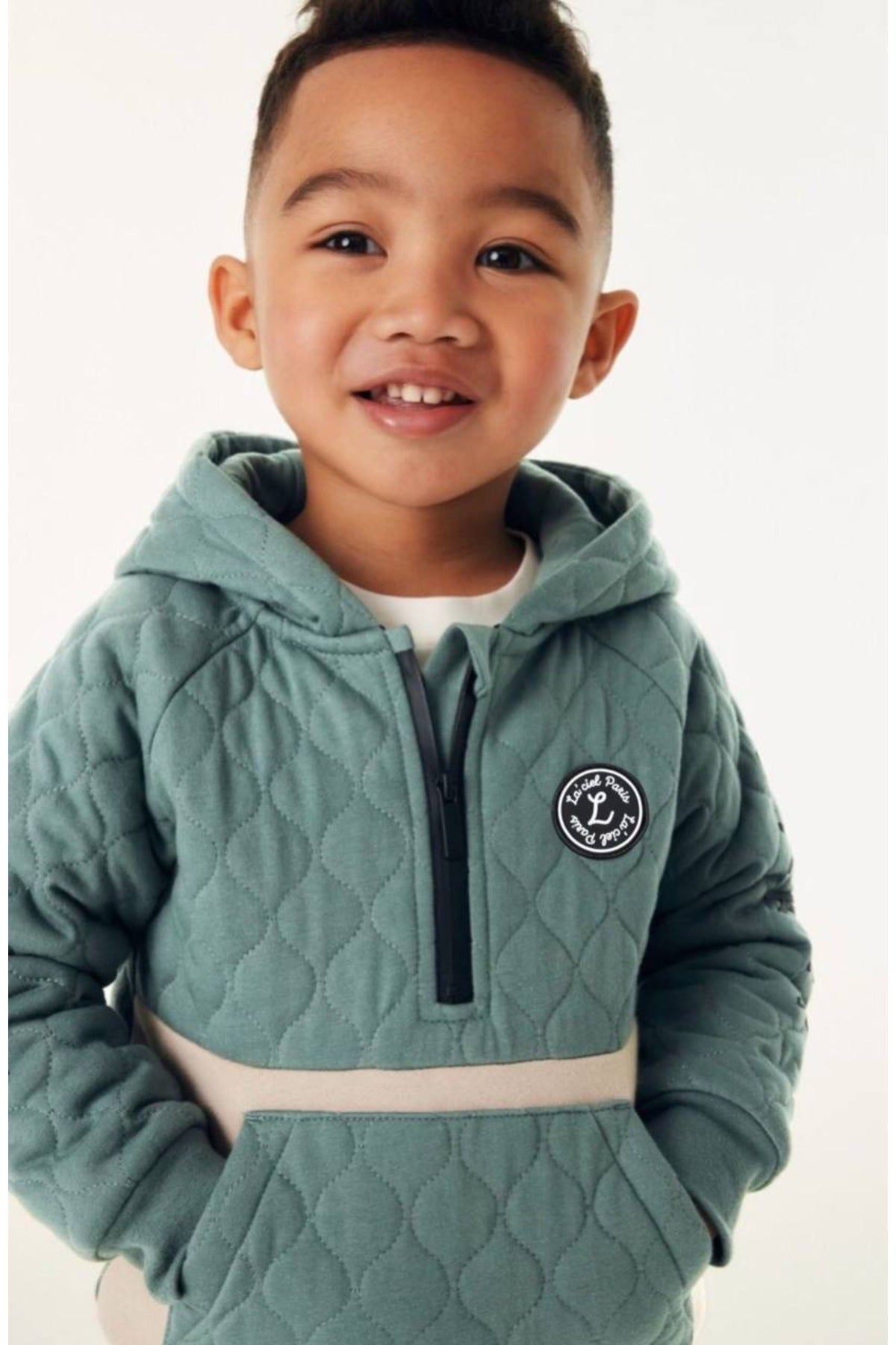 Unisex çocuklar için rüzgar geçirmez kapitone kapüşonlu sweatshirt ve jogger pantolon- turkuaz ve krem rengi - Limonlu Pamuk