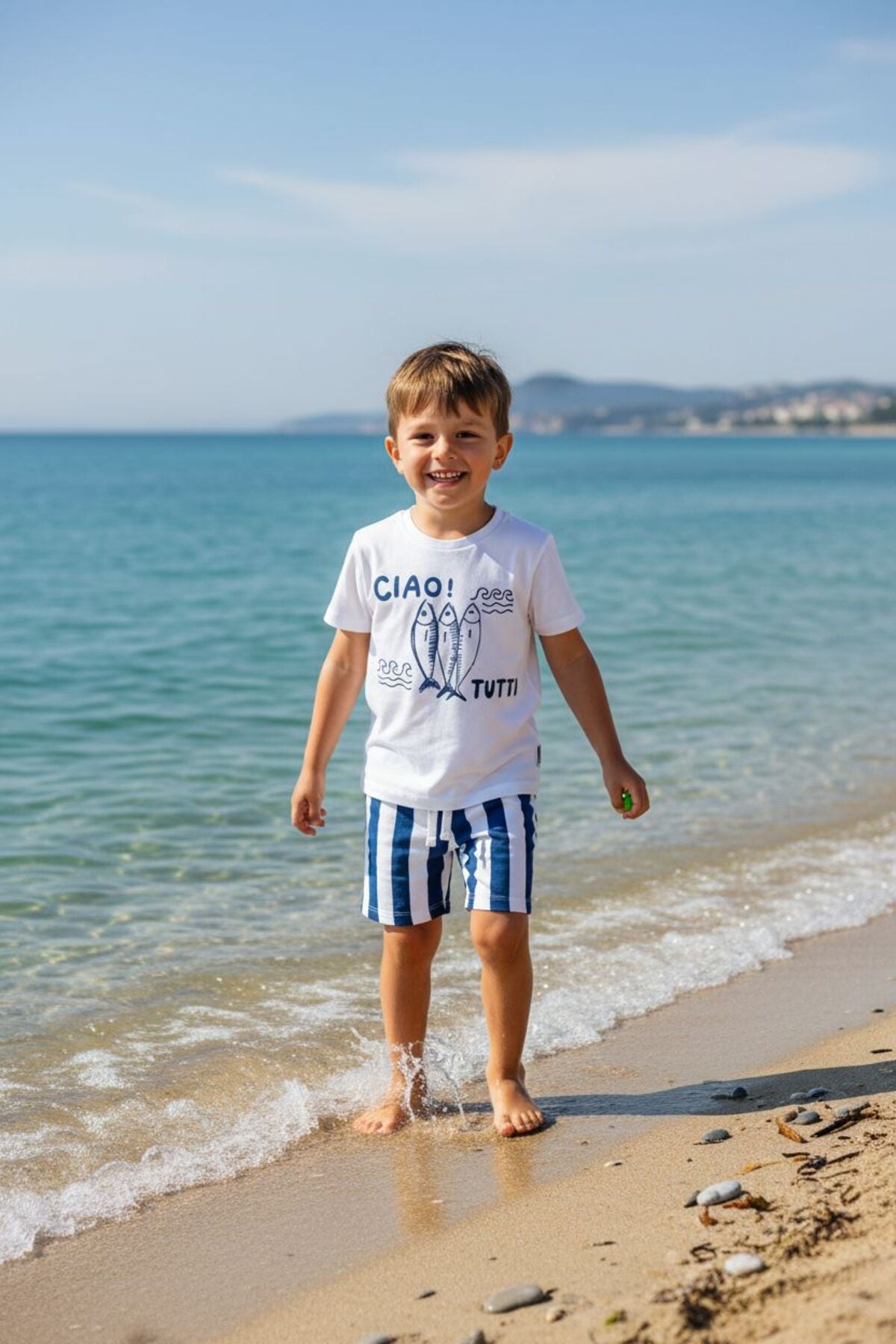 Erkek çocuklar için bisiklet yaka balık baskılı t-shirt ve şort takım - Limonlu Pamuk
