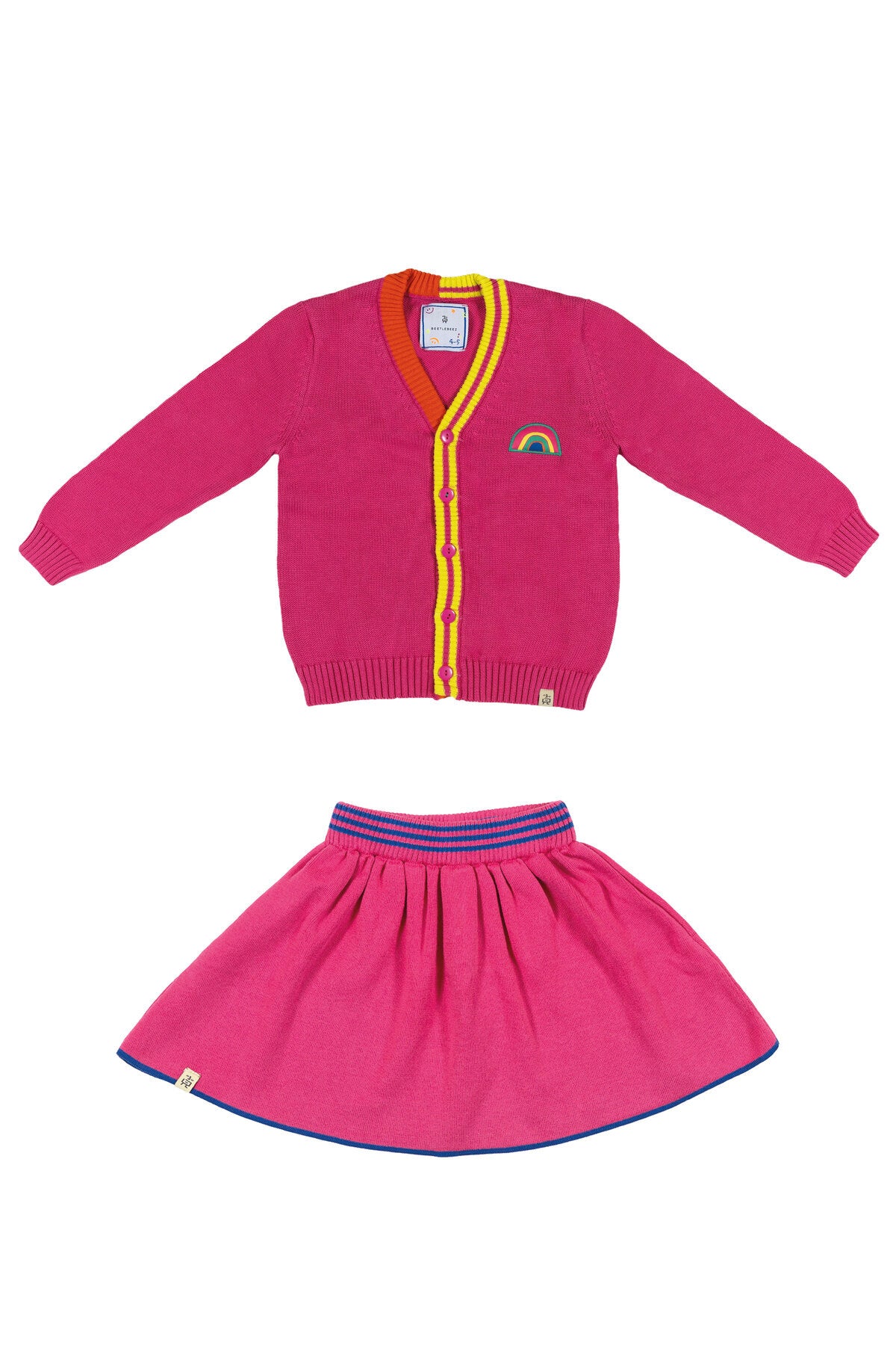 Kız çocuklar için triko etek - pembe / pembe & mavi çizgili biyeli bel kemeri - %100 pamuklu - Limonlu Pamuk