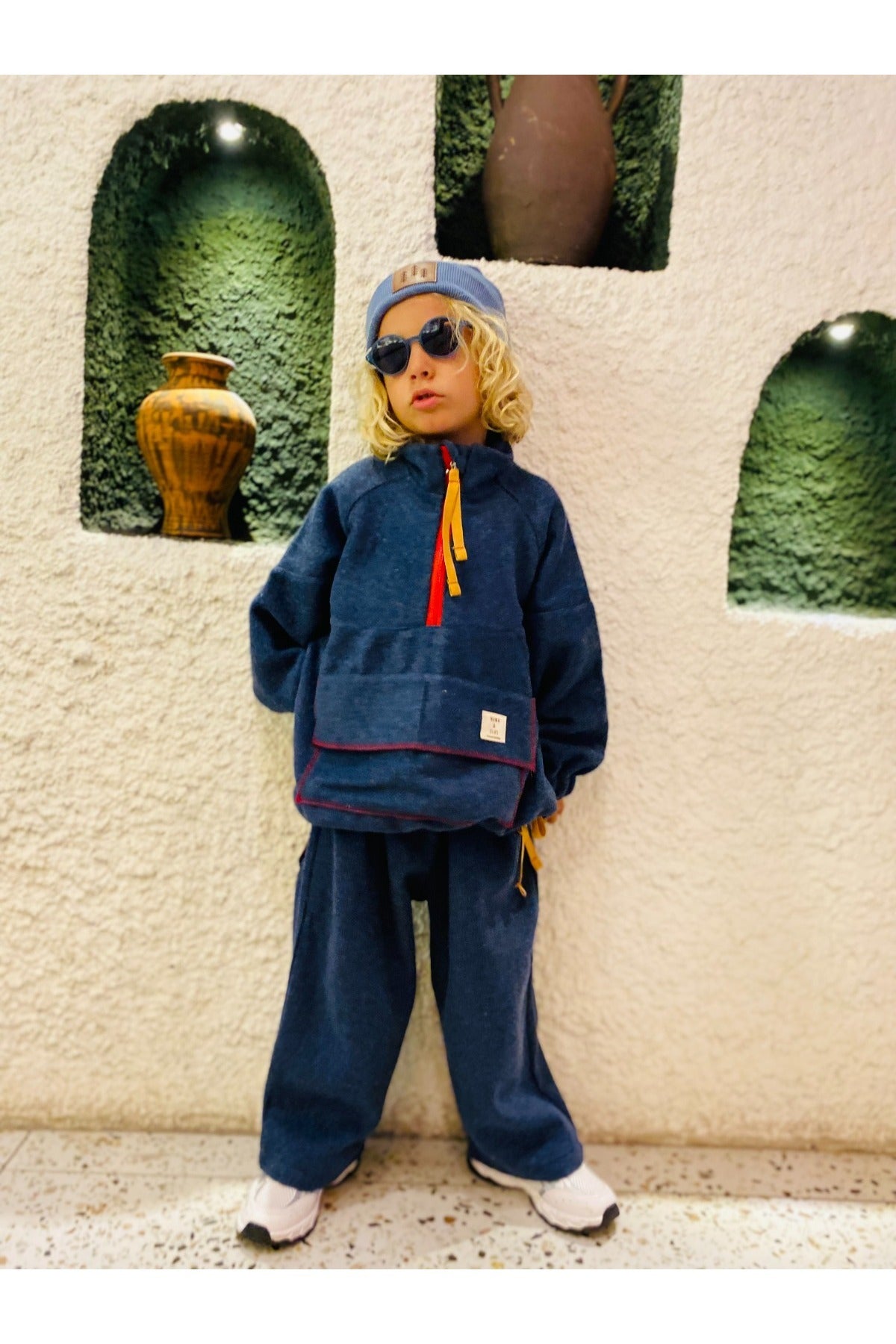 Unisex çocuklar için fermuar ve cep detaylı %100 pamuk sweatshirt ve pantolon takım - Limonlu Pamuk