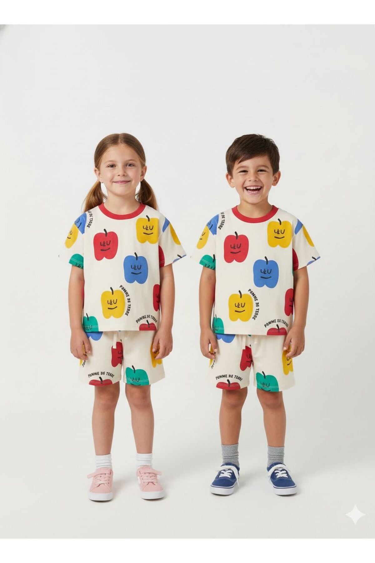 Unisex çocuklar için bisiklet yaka baskılı t-shirt ve şort takım - Limonlu Pamuk
