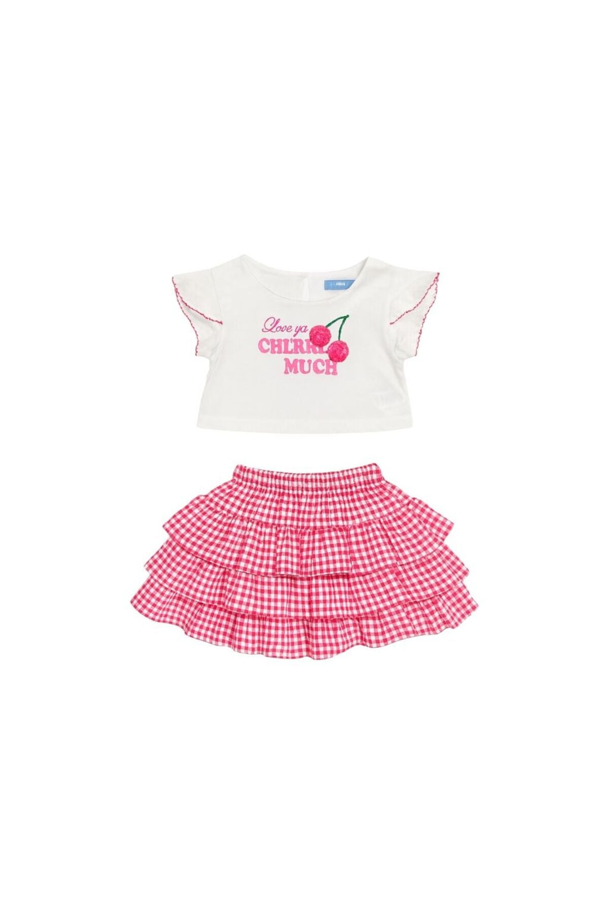 Kız çocuklar için bisiklet yaka pamuklu kiraz desenli t-shirt ve pötikare desenli pembe etek takım - Limonlu Pamuk